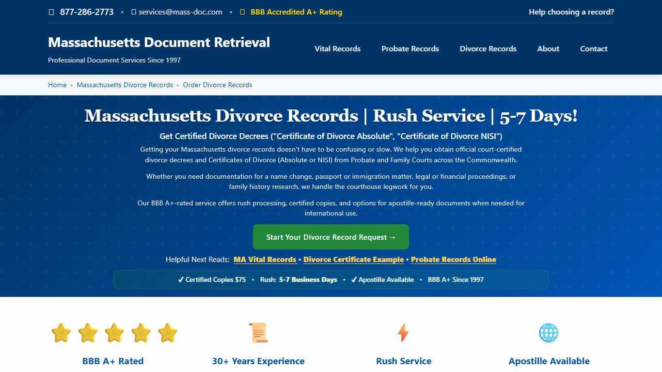 Massachusetts Divorce Records Rush Service 5-7 Days